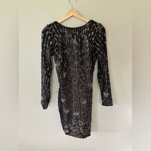 Dress the Population Floral Sequin Long Sleeve Bodycon Mini Dress Black Gold M